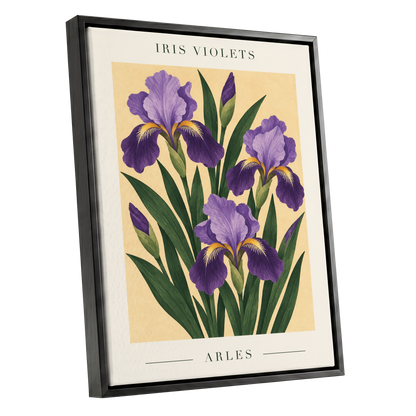 Arles in Violet, purple, green, beige floral wall art shown as a black framed canvas wall art