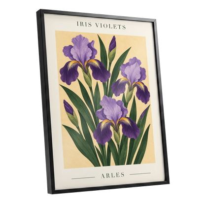 Arles in Violet, purple, green, beige floral wall art shown as a black framed poster wall art print