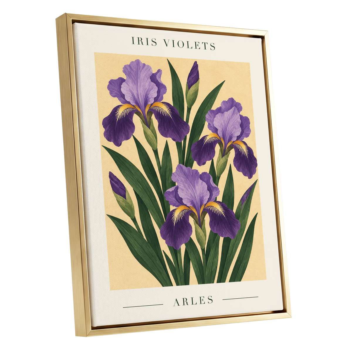 Arles in Violet, purple, green, beige floral wall art shown as a gold framed canvas wall art