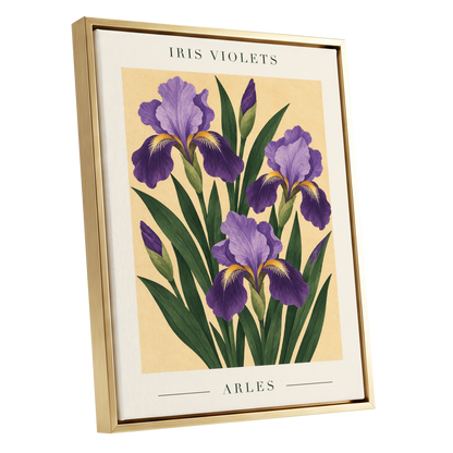 Arles in Violet, purple, green, beige floral wall art shown as a gold framed canvas wall art