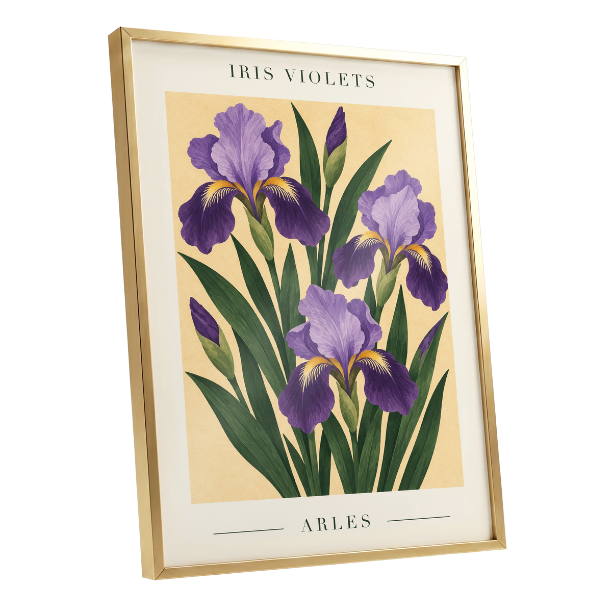 Arles in Violet, purple, green, beige floral wall art shown as a gold framed poster wall art print