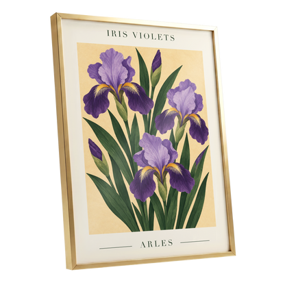 Arles in Violet, purple, green, beige floral wall art shown as a gold framed poster wall art print