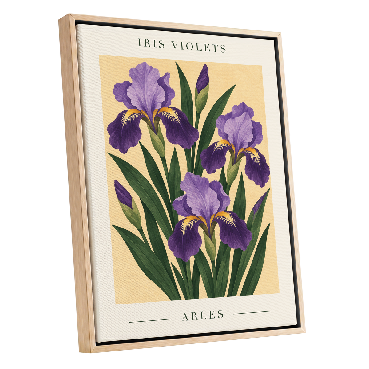 Arles in Violet, purple, green, beige floral wall art shown as a oak framed canvas wall art