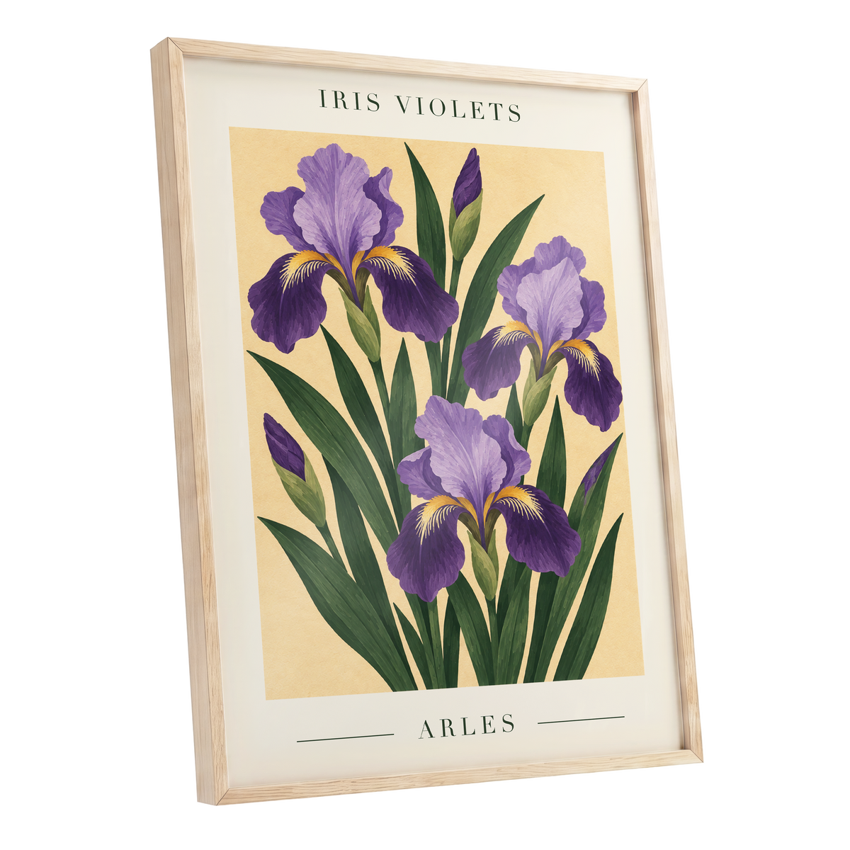Arles in Violet, purple, green, beige floral wall art shown as a oak framed poster wall art print