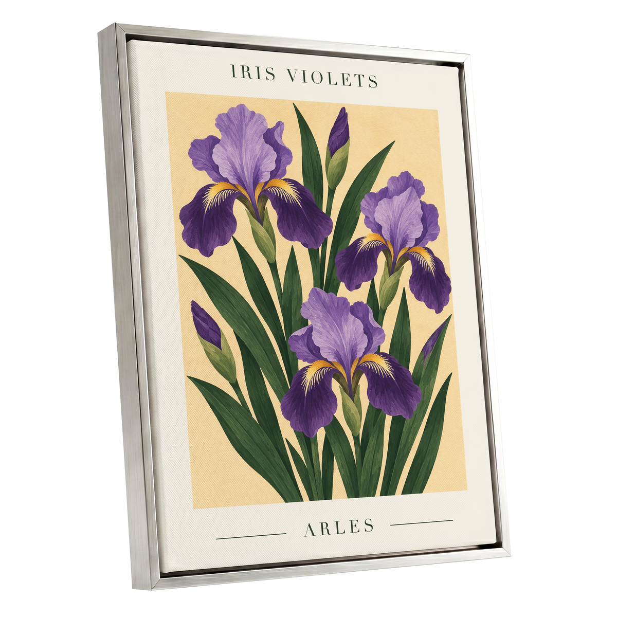Arles in Violet, purple, green, beige floral wall art shown as a silver framed canvas wall art