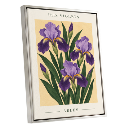 Arles in Violet, purple, green, beige floral wall art shown as a silver framed canvas wall art