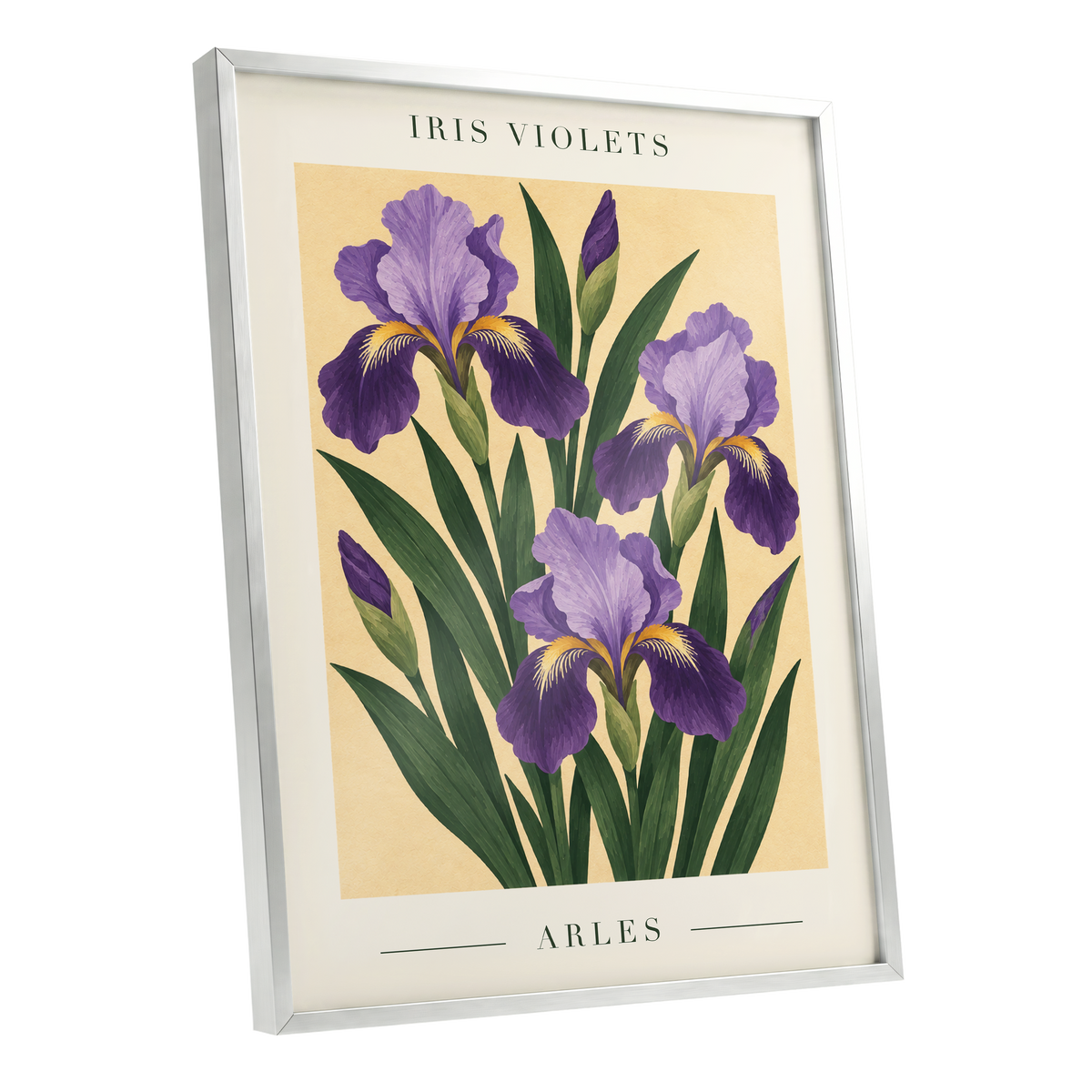 Arles in Violet, purple, green, beige floral wall art shown as a silver framed poster wall art print