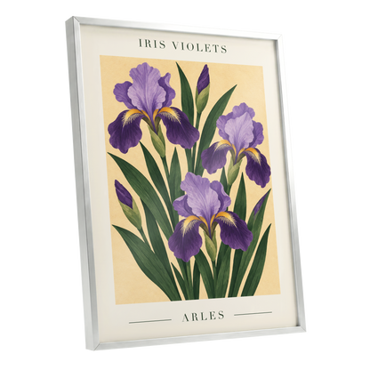Arles in Violet, purple, green, beige floral wall art shown as a silver framed poster wall art print