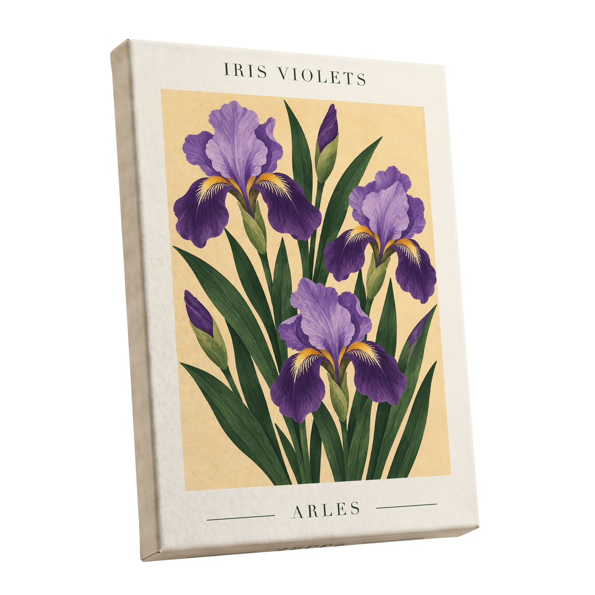 Arles in Violet, purple, green, beige floral wall art shown as a stretched canvas wall art