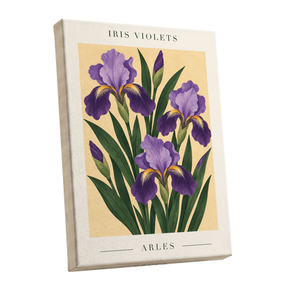 Arles in Violet, purple, green, beige floral wall art shown as a stretched canvas wall art
