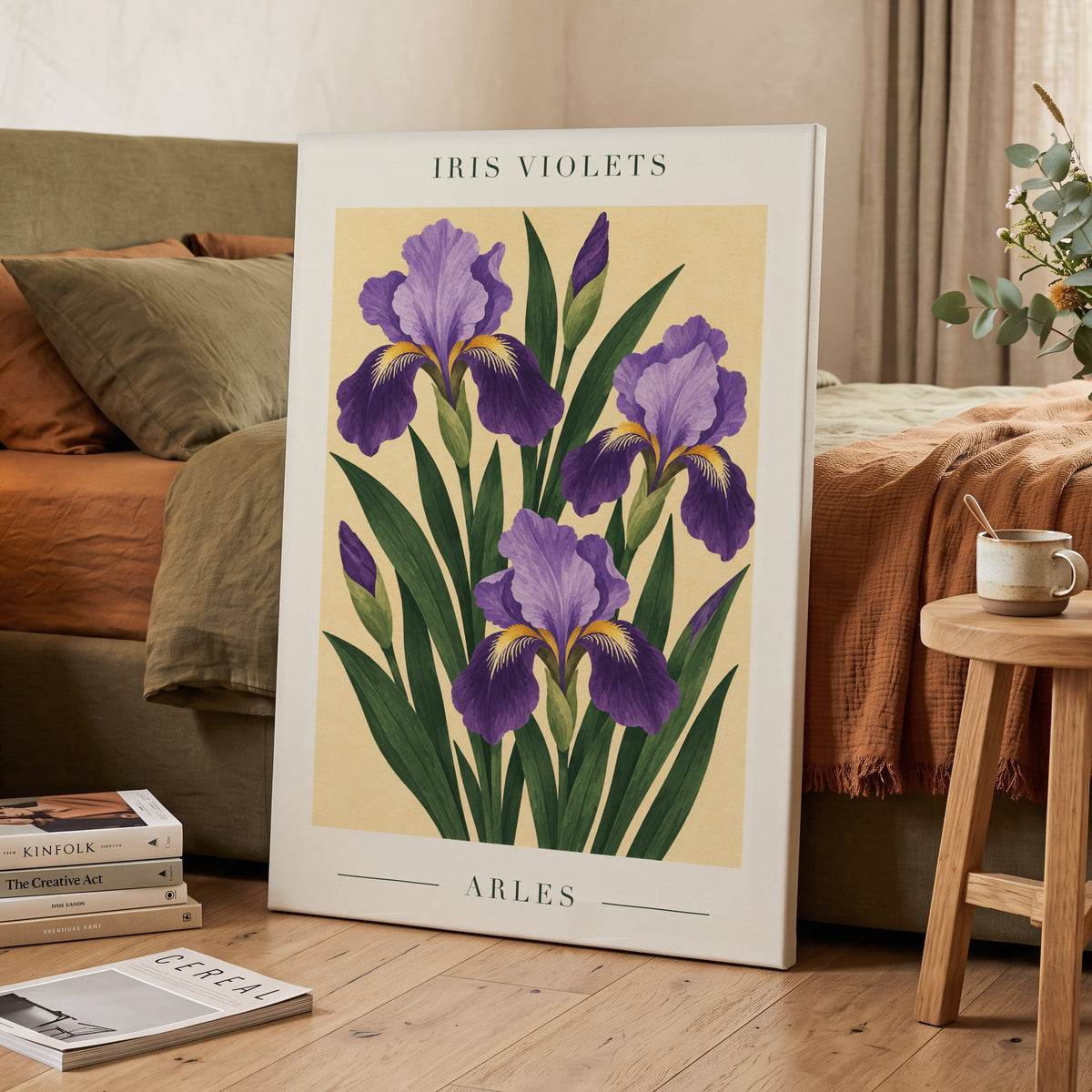 Arles in Violet, purple, green, beige floral wall art displayed in a styled interior, gallery view 3
