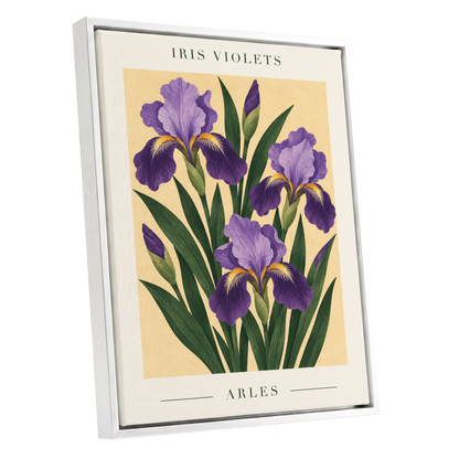 Arles in Violet, purple, green, beige floral wall art shown as a white framed canvas wall art