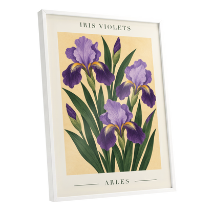 Arles in Violet, purple, green, beige floral wall art shown as a white framed poster wall art print