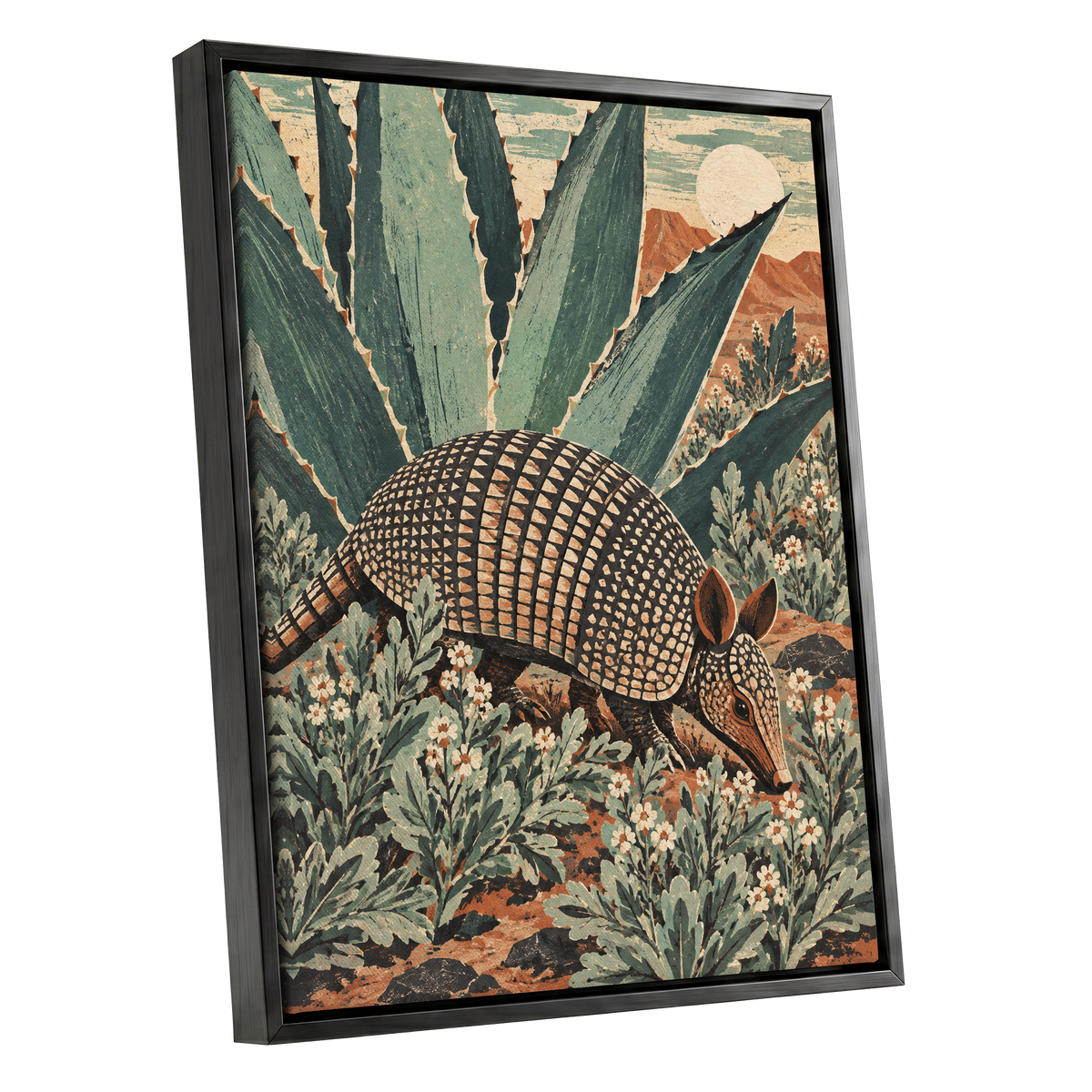 Armadillo Among Agaves, green, beige, brown nature wall art shown as a black framed canvas wall art
