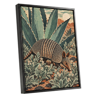 Armadillo Among Agaves, green, beige, brown nature wall art shown as a black framed canvas wall art