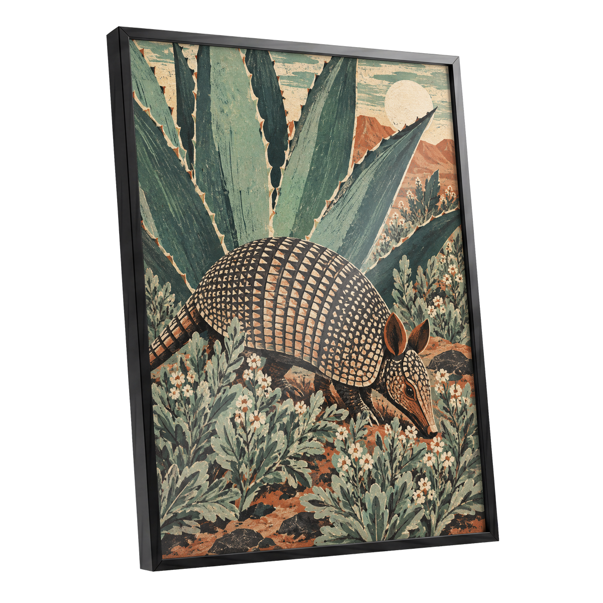 Armadillo Among Agaves, green, beige, brown nature wall art shown as a black framed poster wall art print