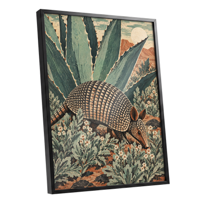 Armadillo Among Agaves, green, beige, brown nature wall art shown as a black framed poster wall art print