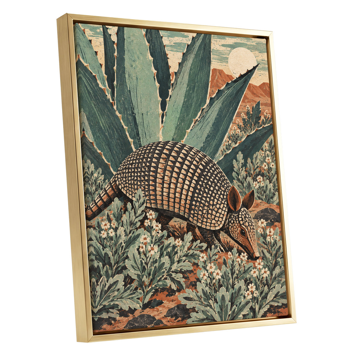 Armadillo Among Agaves, green, beige, brown nature wall art shown as a gold framed canvas wall art
