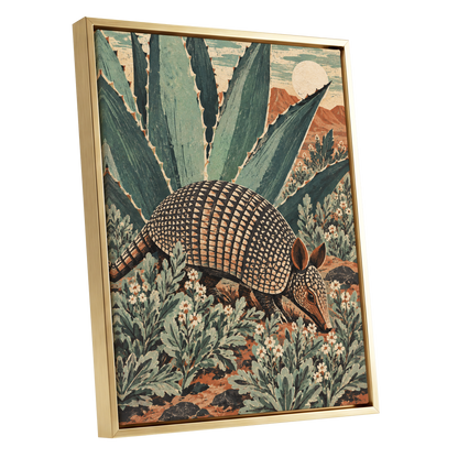 Armadillo Among Agaves, green, beige, brown nature wall art shown as a gold framed canvas wall art