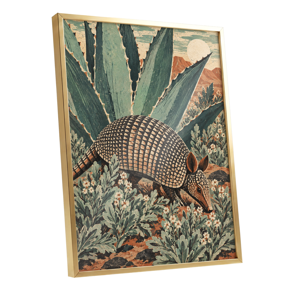Armadillo Among Agaves, green, beige, brown nature wall art shown as a gold framed poster wall art print