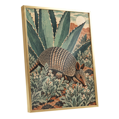 Armadillo Among Agaves, green, beige, brown nature wall art shown as a gold framed poster wall art print