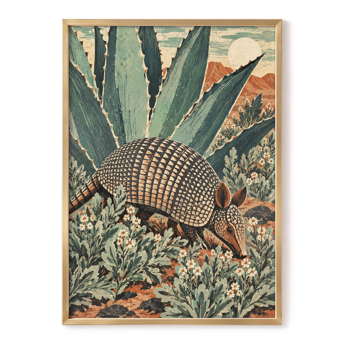 Armadillo Among Agaves, green, beige, brown nature wall art, front artwork view
