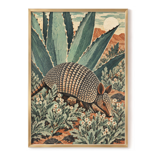 Armadillo Among Agaves, green, beige, brown nature wall art, front artwork view