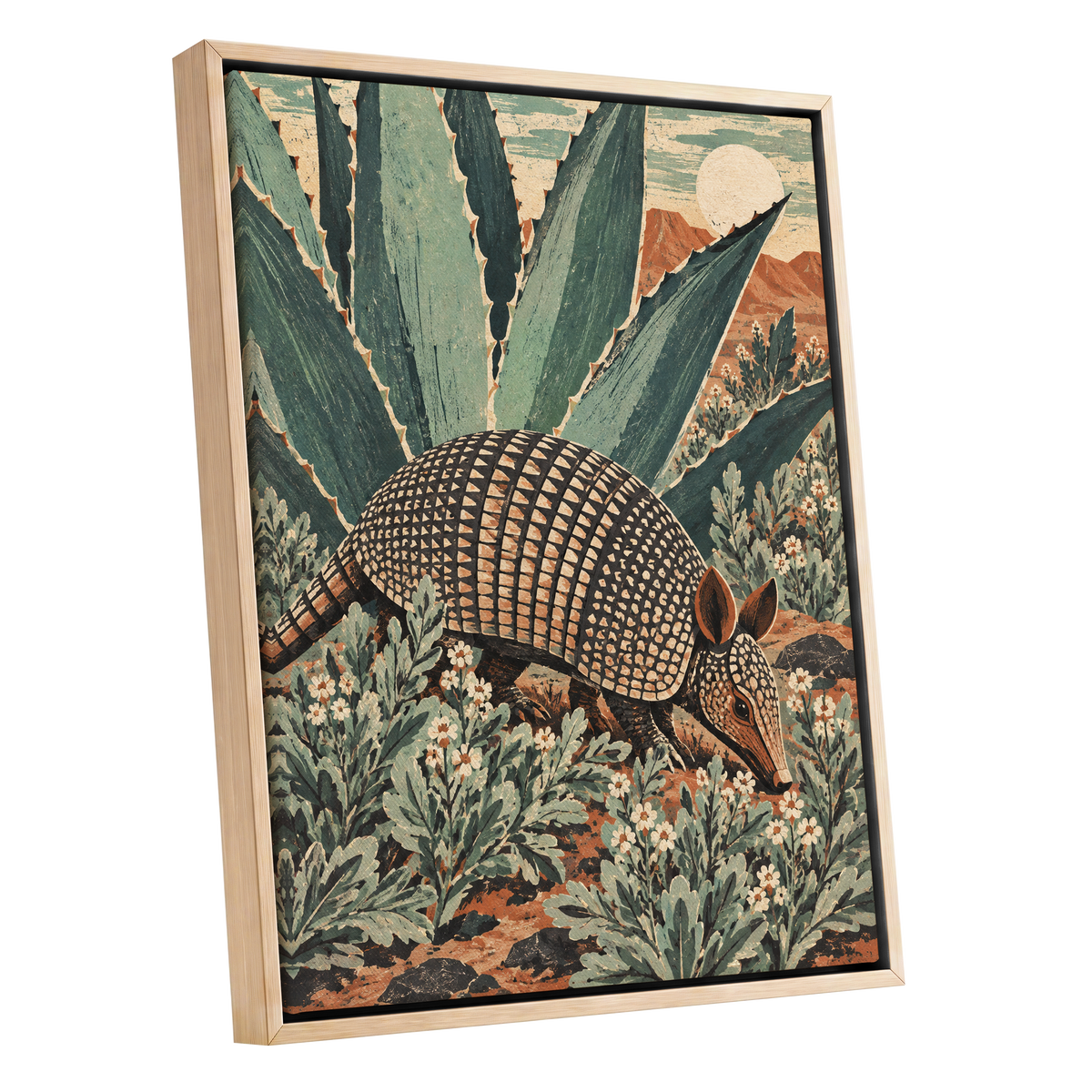 Armadillo Among Agaves, green, beige, brown nature wall art shown as a oak framed canvas wall art