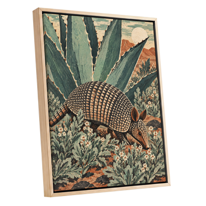 Armadillo Among Agaves, green, beige, brown nature wall art shown as a oak framed canvas wall art