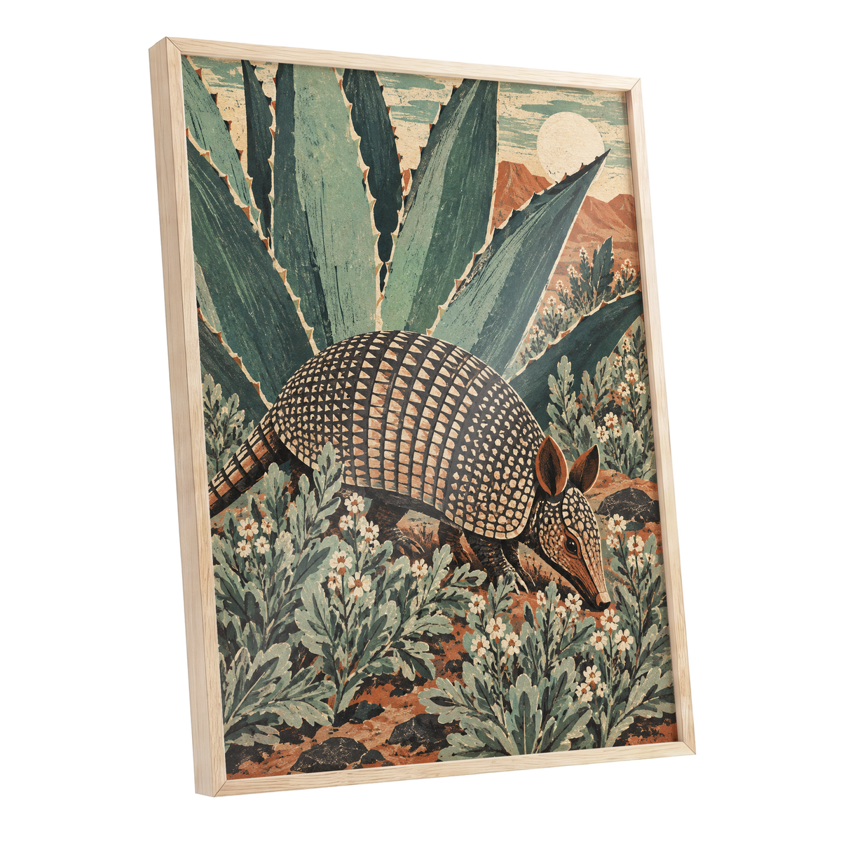 Armadillo Among Agaves, green, beige, brown nature wall art shown as a oak framed poster wall art print