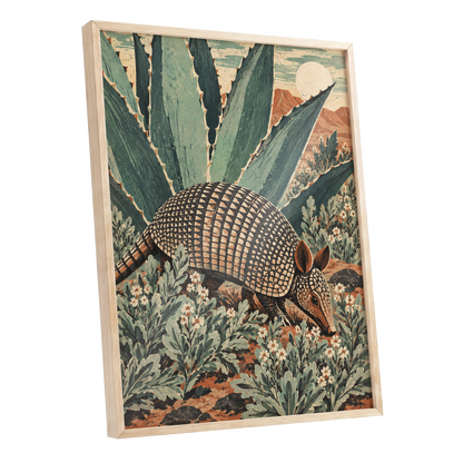 Armadillo Among Agaves, green, beige, brown nature wall art shown as a oak framed poster wall art print
