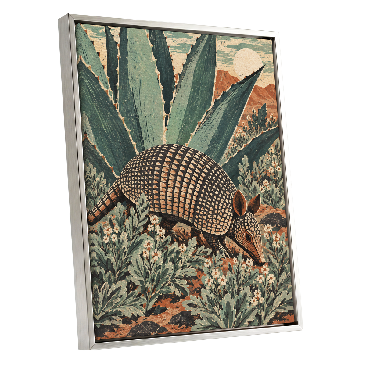 Armadillo Among Agaves, green, beige, brown nature wall art shown as a silver framed canvas wall art