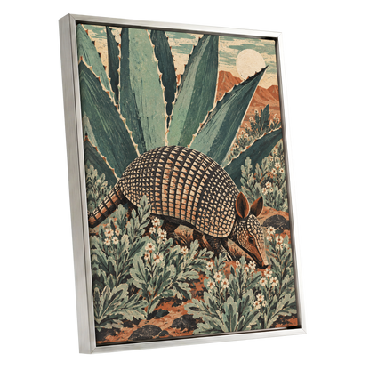 Armadillo Among Agaves, green, beige, brown nature wall art shown as a silver framed canvas wall art