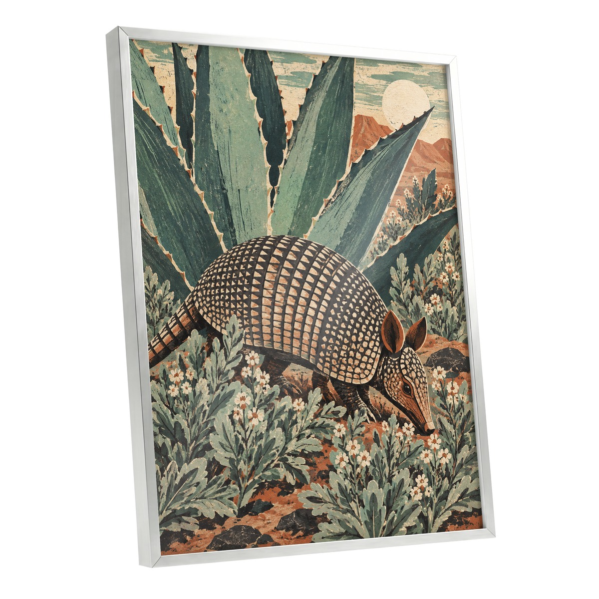 Armadillo Among Agaves, green, beige, brown nature wall art shown as a silver framed poster wall art print