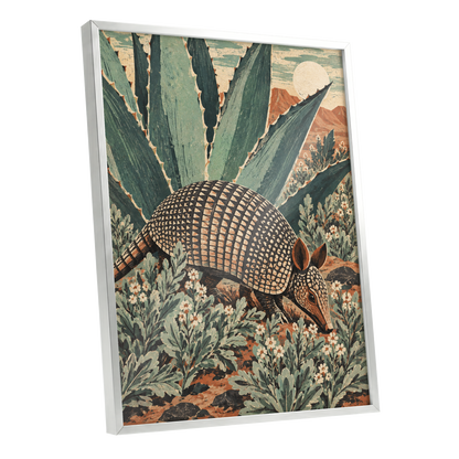 Armadillo Among Agaves, green, beige, brown nature wall art shown as a silver framed poster wall art print