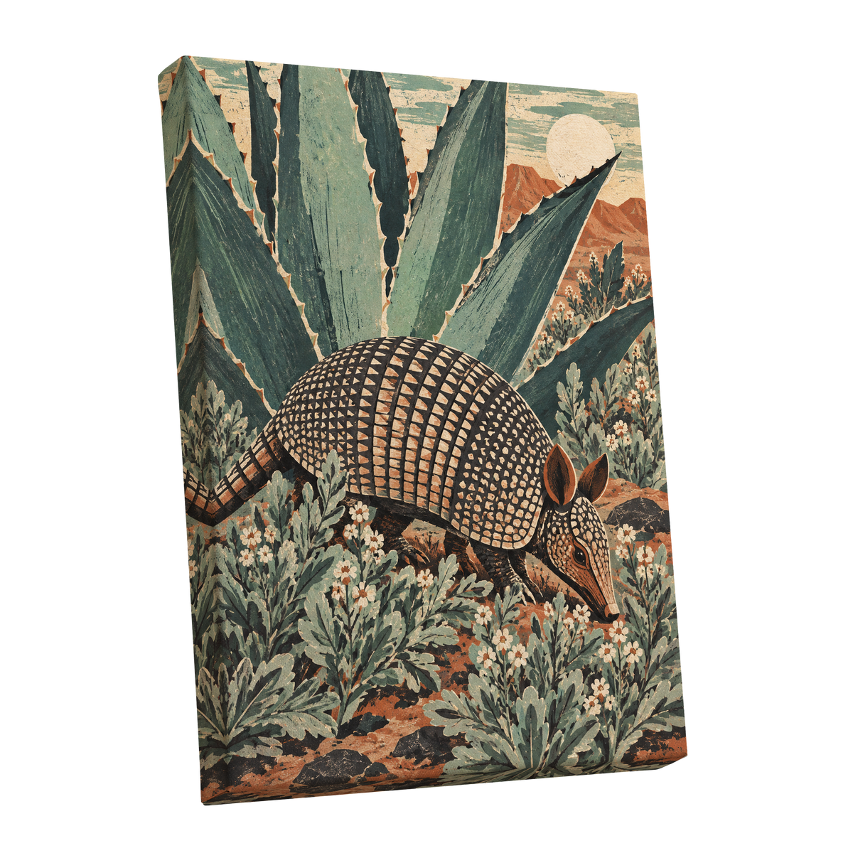 Armadillo Among Agaves, green, beige, brown nature wall art shown as a stretched canvas wall art