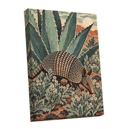 Armadillo Among Agaves, green, beige, brown nature wall art shown as a stretched canvas wall art