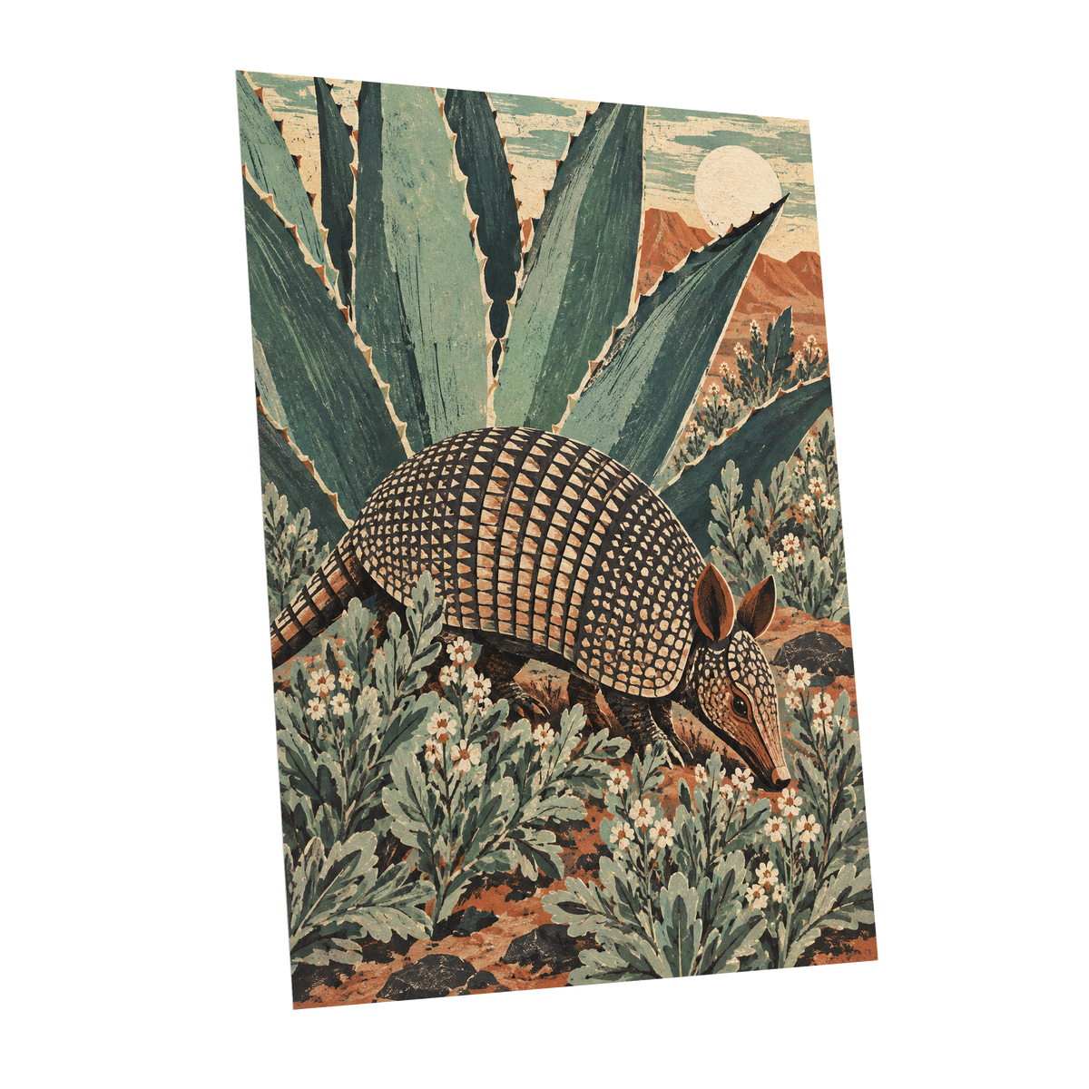 Armadillo Among Agaves, green, beige, brown nature wall art shown as a unframed poster wall art print