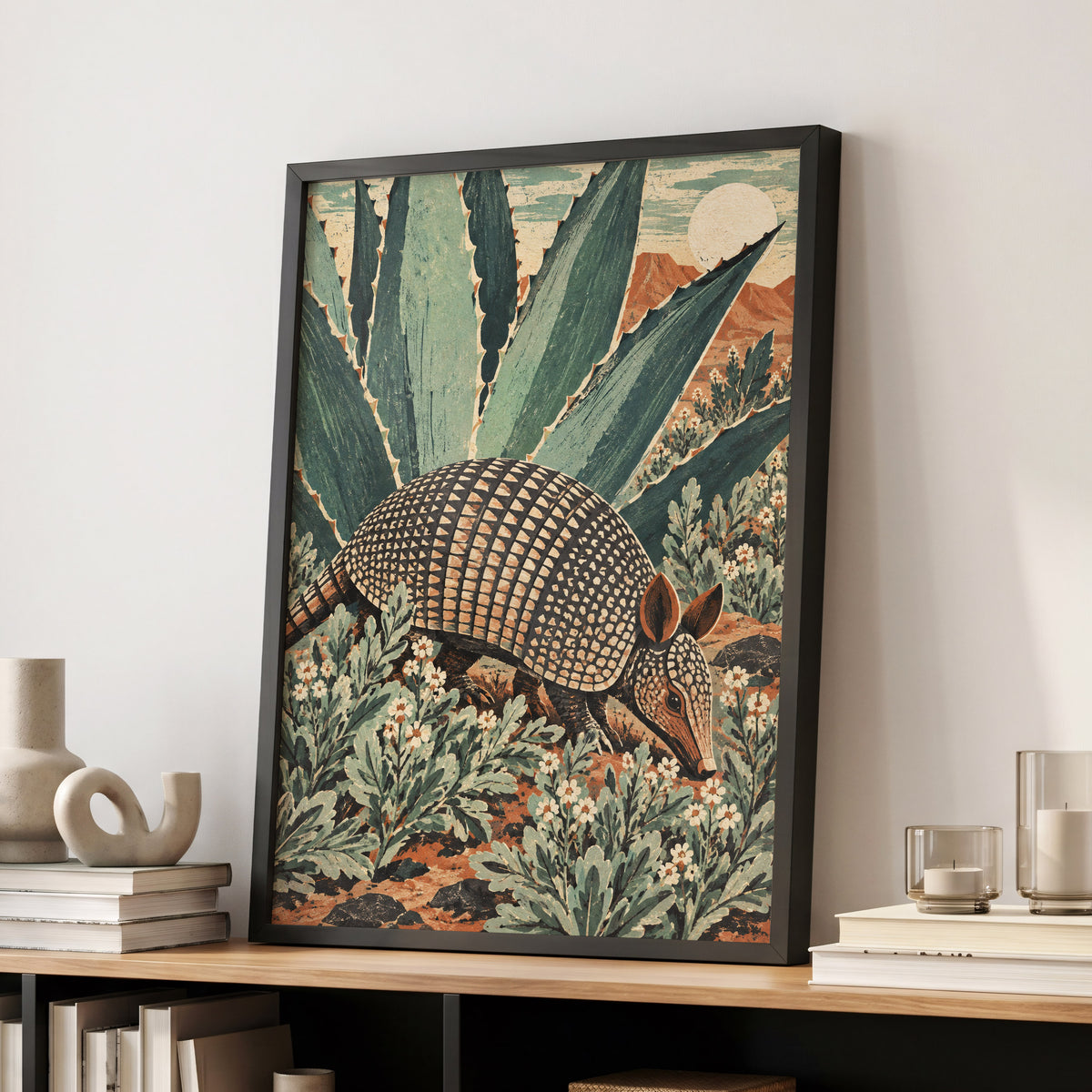 Armadillo Among Agaves, green, beige, brown nature wall art displayed in a styled interior, gallery view 2