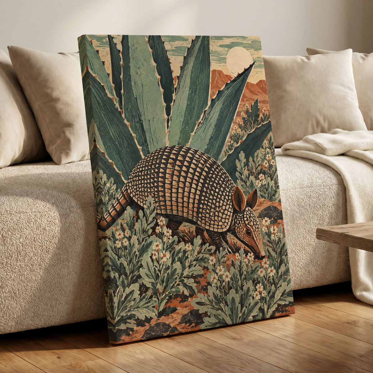 Armadillo Among Agaves, green, beige, brown nature wall art displayed in a styled interior, gallery view 3