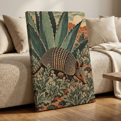 Armadillo Among Agaves, green, beige, brown nature wall art displayed in a styled interior, gallery view 3