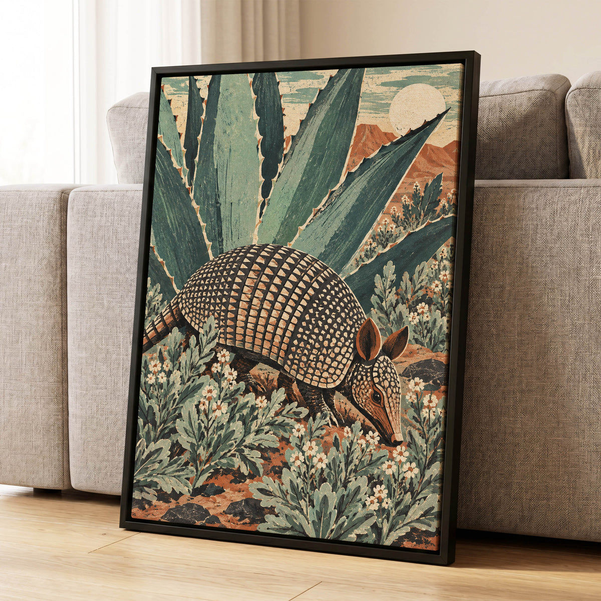 Armadillo Among Agaves, green, beige, brown nature wall art displayed in a styled interior, gallery view 4