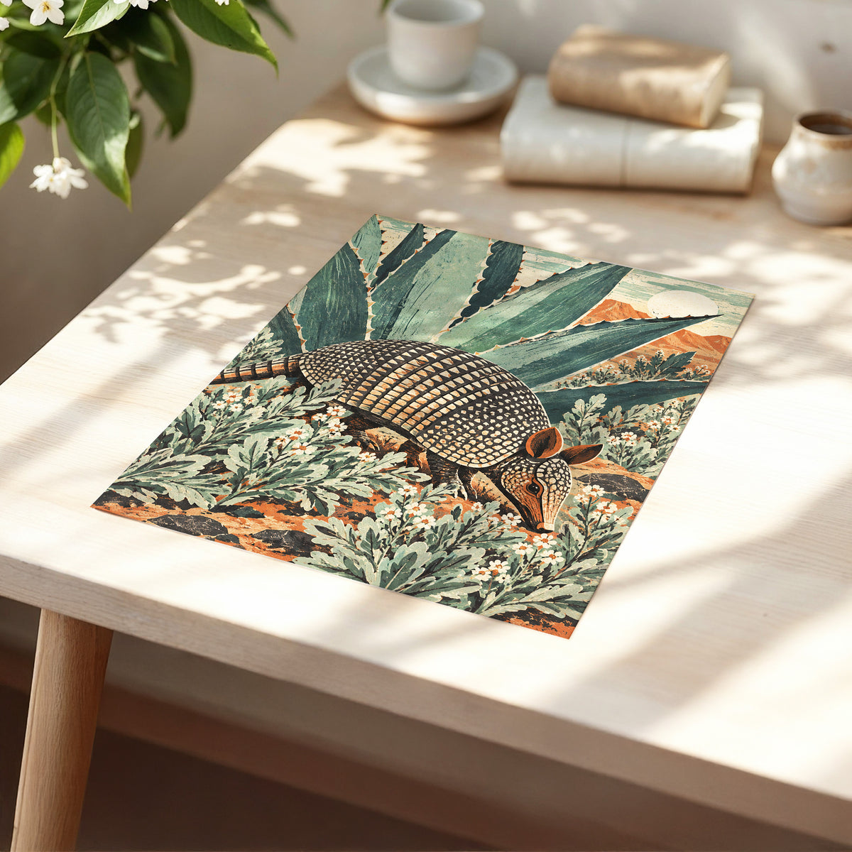 Armadillo Among Agaves, green, beige, brown nature wall art displayed in a styled interior, gallery view 5