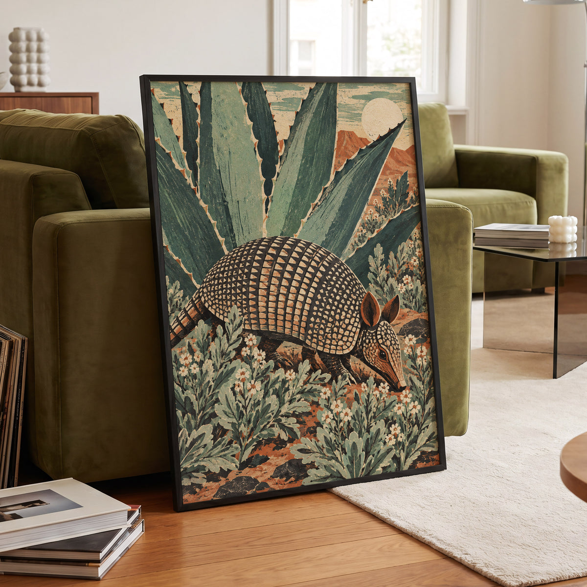 Armadillo Among Agaves, green, beige, brown nature wall art displayed in a styled interior, gallery view 6
