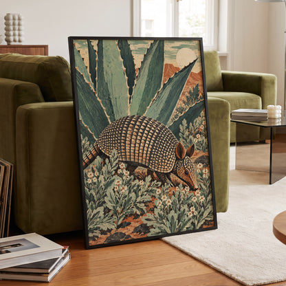 Armadillo Among Agaves, green, beige, brown nature wall art displayed in a styled interior, gallery view 6