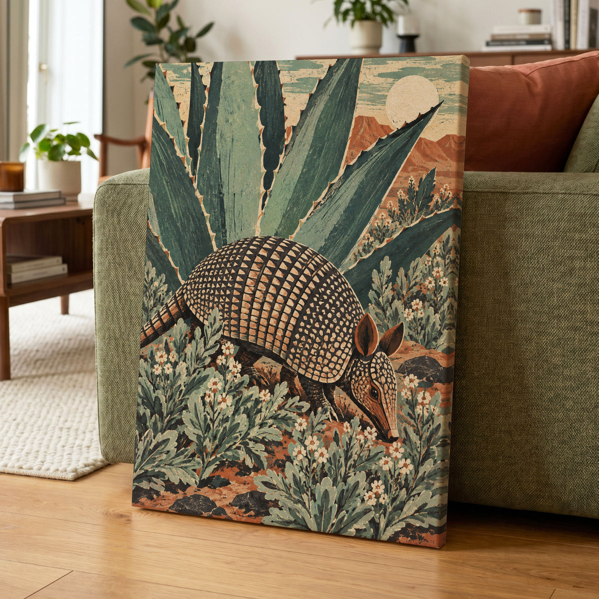 Armadillo Among Agaves, green, beige, brown nature wall art displayed in a styled interior, gallery view 7
