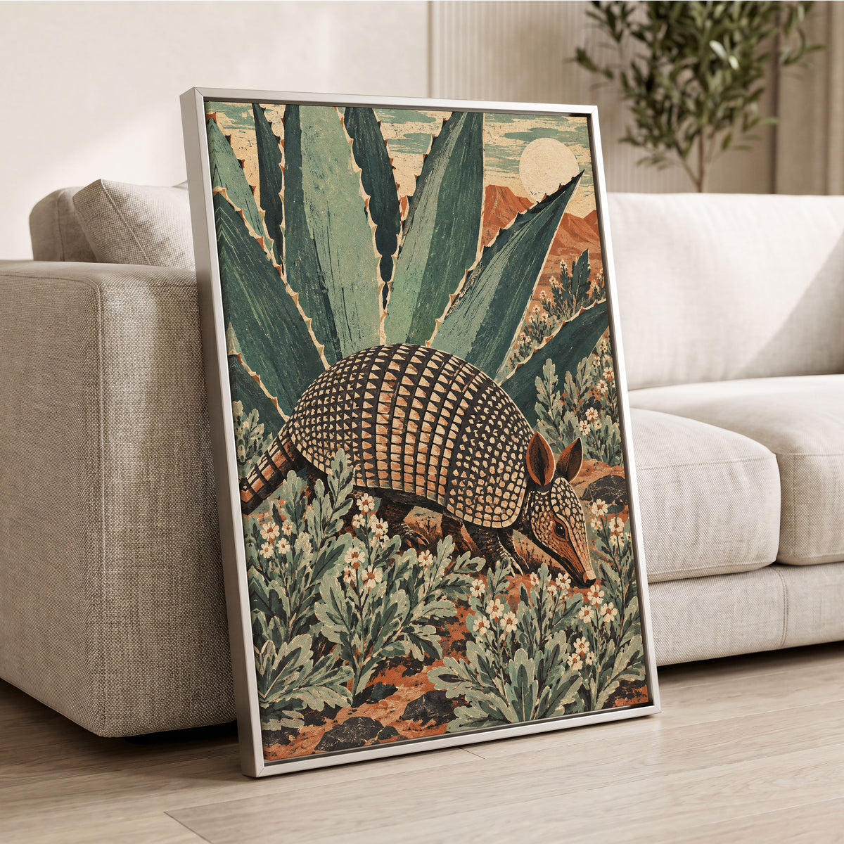 Armadillo Among Agaves, green, beige, brown nature wall art displayed in a styled interior, gallery view 8