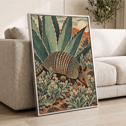 Armadillo Among Agaves, green, beige, brown nature wall art displayed in a styled interior, gallery view 8