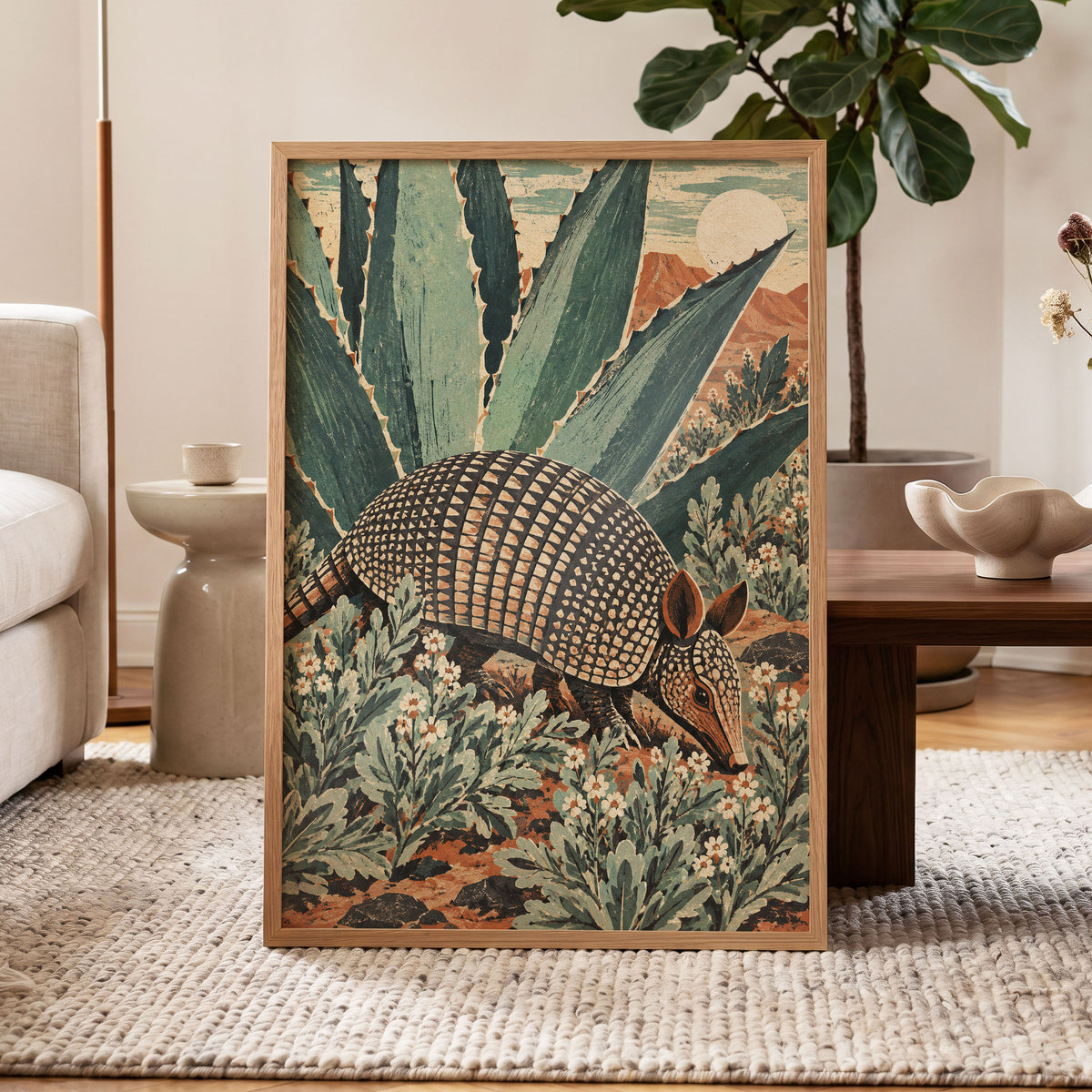 Armadillo Among Agaves, green, beige, brown nature wall art displayed in a styled interior, gallery view 9