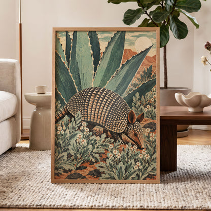 Armadillo Among Agaves, green, beige, brown nature wall art displayed in a styled interior, gallery view 9